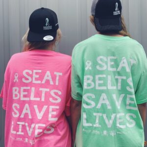KMF pink and green seat belts save lives shirts